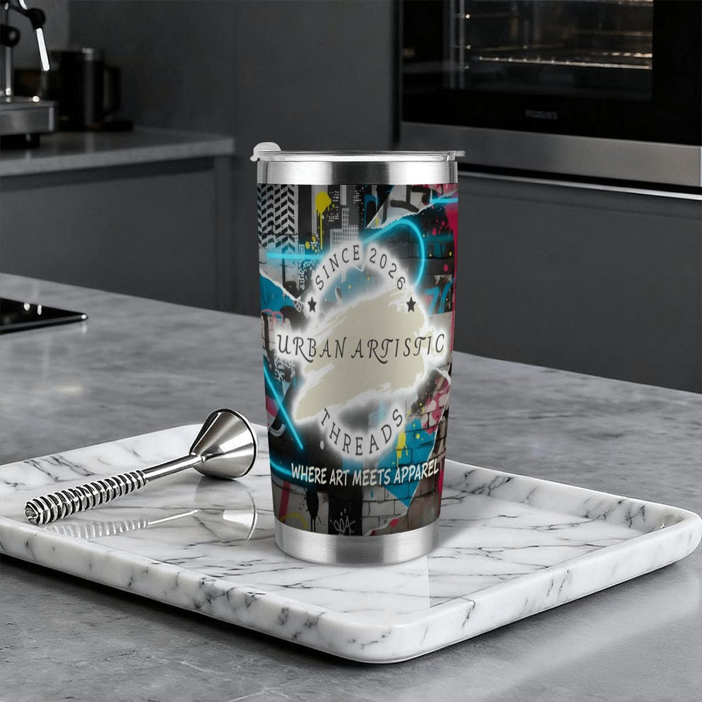 Urban Artistic Threads: Where Art Meets Apparel Travel Mug featuring graffiti collage wrap and stainless steel lid.