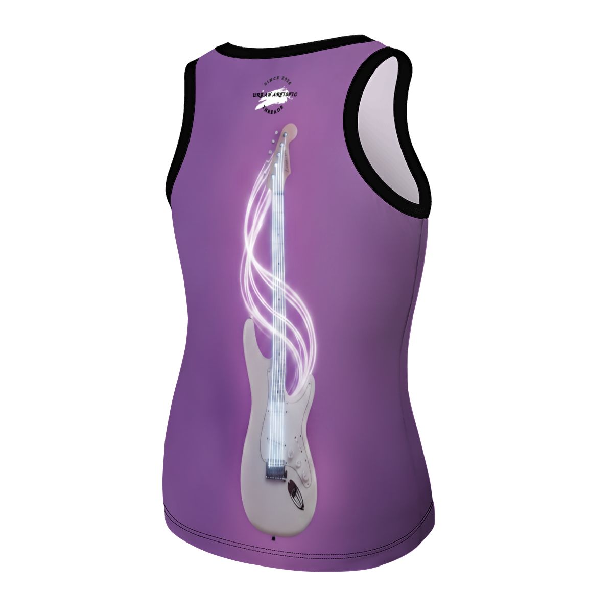 Purple women's tank top with glowing neon guitar and cosmic trails.