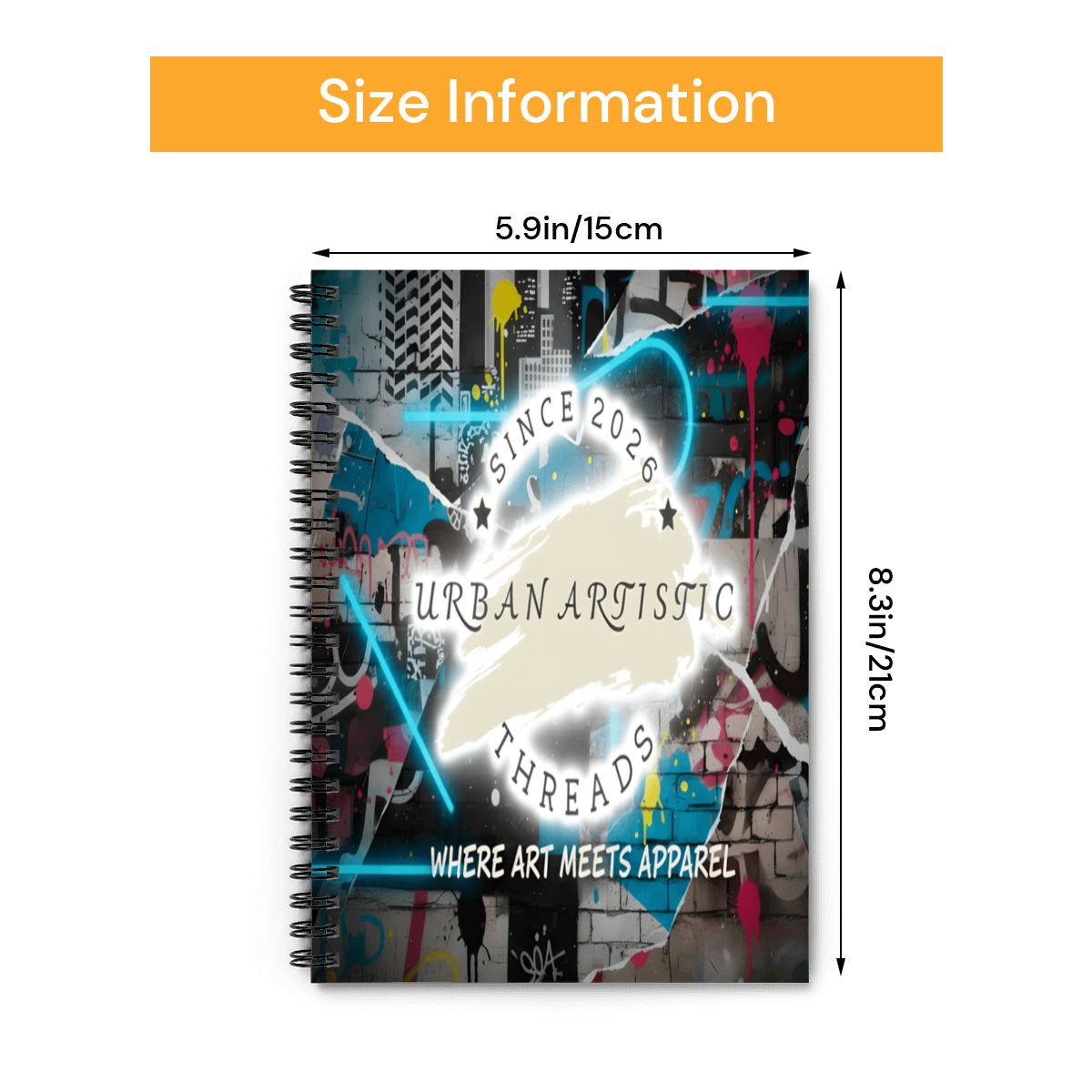 Urban Artistic Threads Signature Spiral Note Pad with graffiti-style cover, 165 pages, 5.9x8.2 inches.