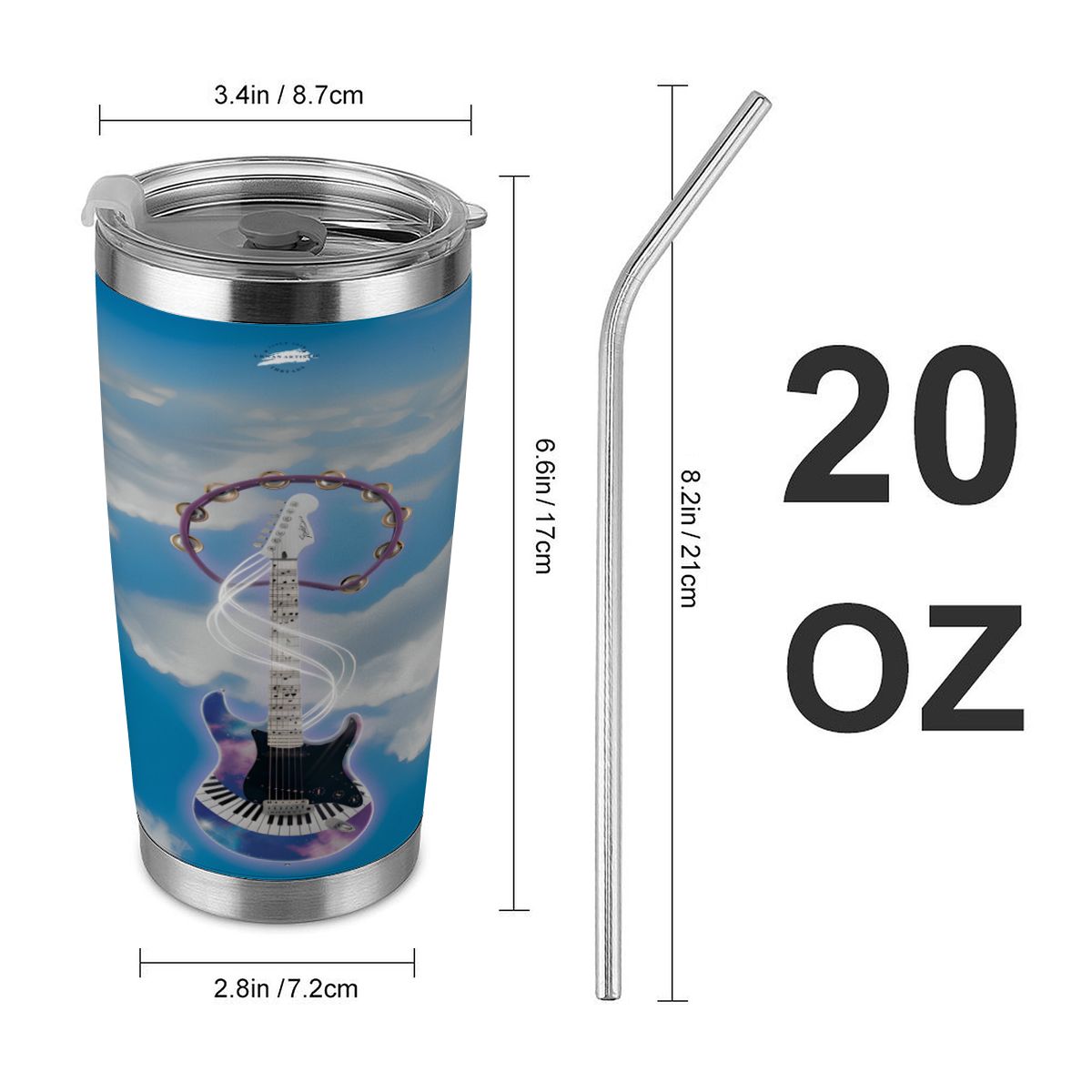 Fantasy Electric Guitar 20oz stainless steel travel tumbler with full-wrap guitar artwork and metal straw