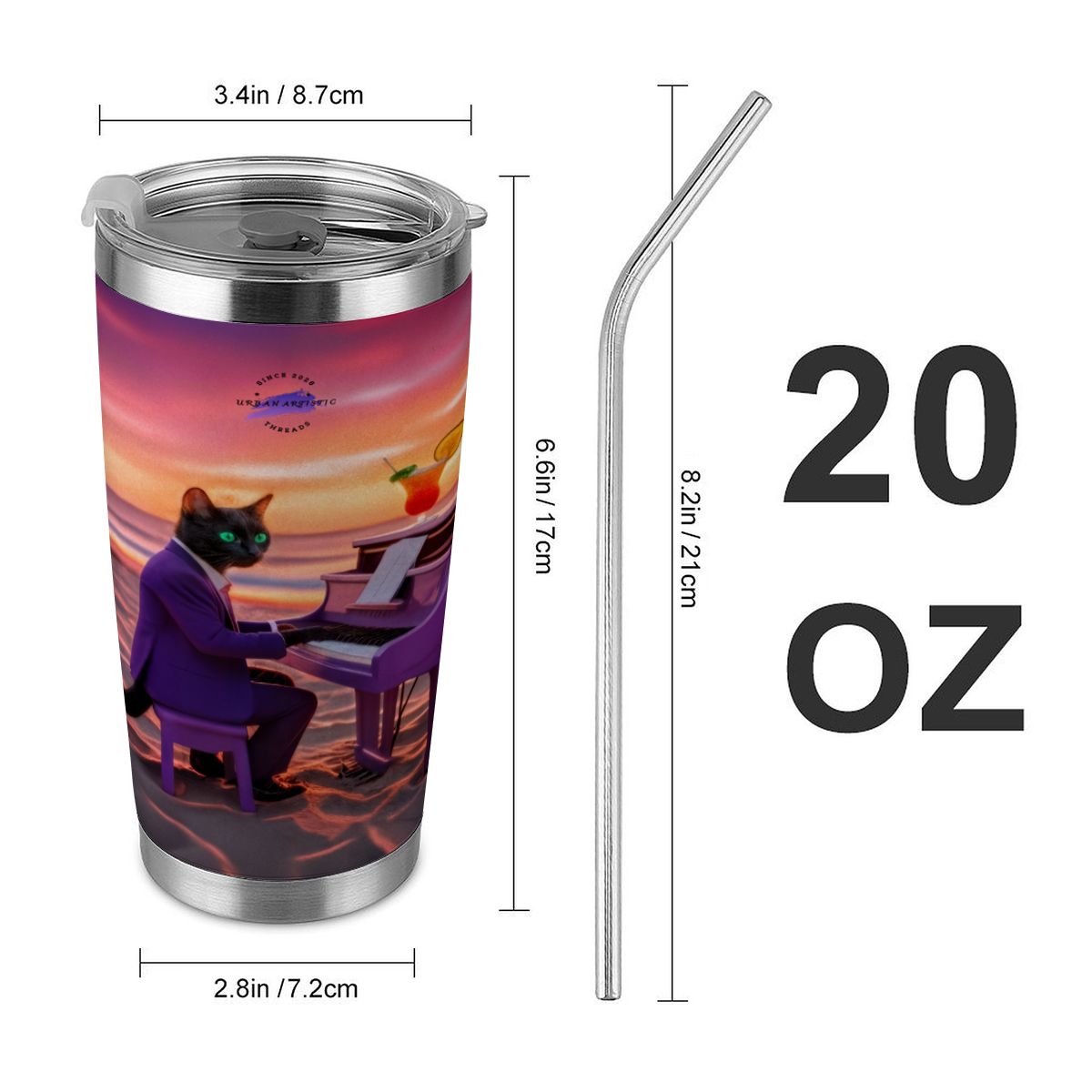 Sunset Piano Cat 20oz stainless steel travel tumbler with full-wrap art of a black cat playing piano at sunset straw