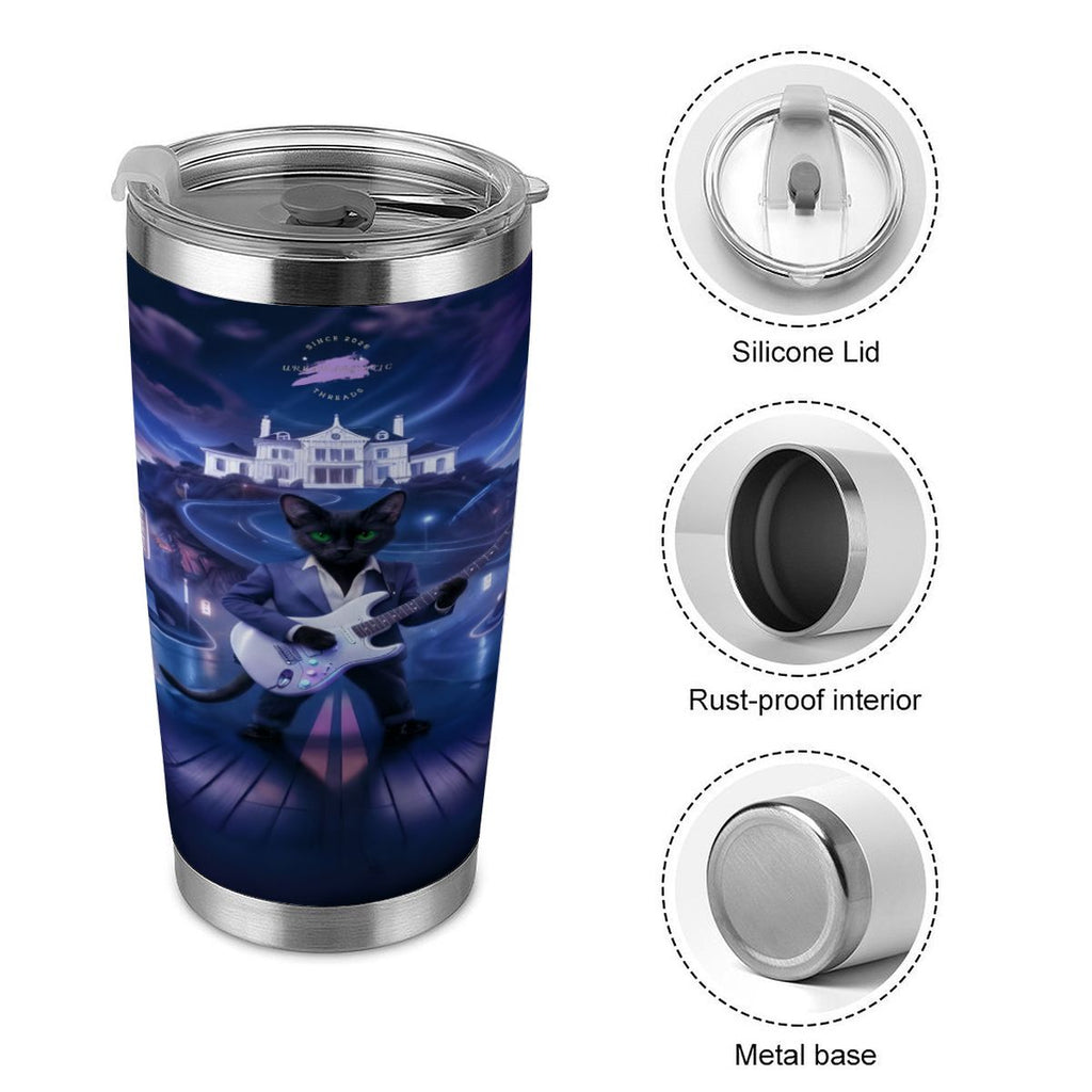 Midnight Rockstar Cat 20oz stainless steel travel tumbler with full-wrap guitar-cat design, silicone lid.