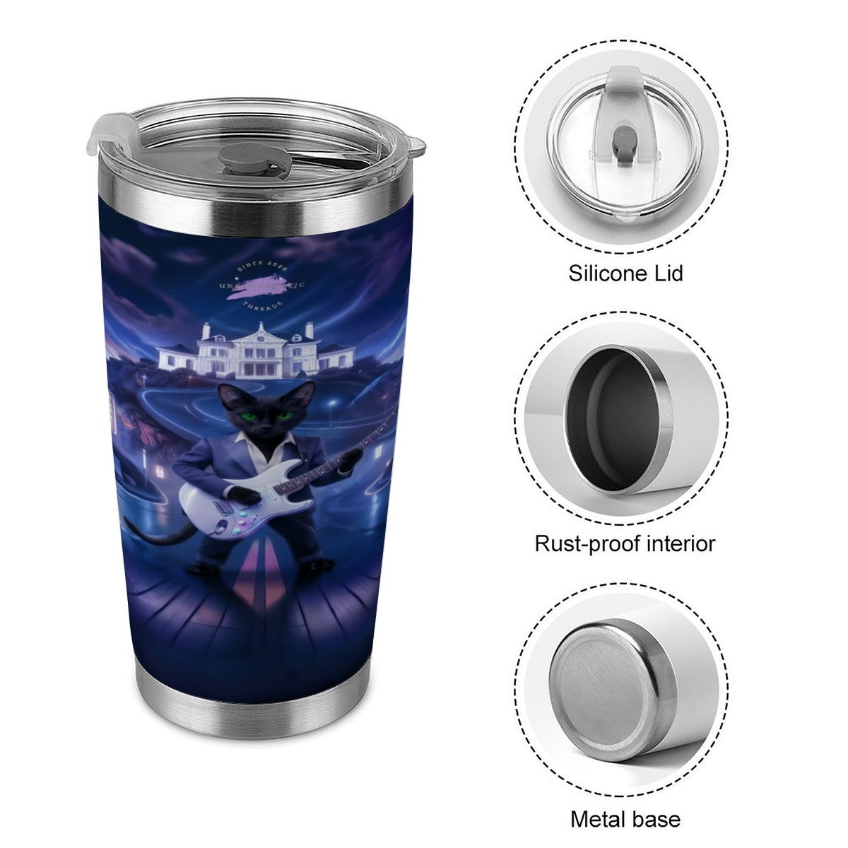 Midnight Rockstar Cat 20oz stainless steel travel tumbler with full-wrap guitar-cat design, silicone lid.