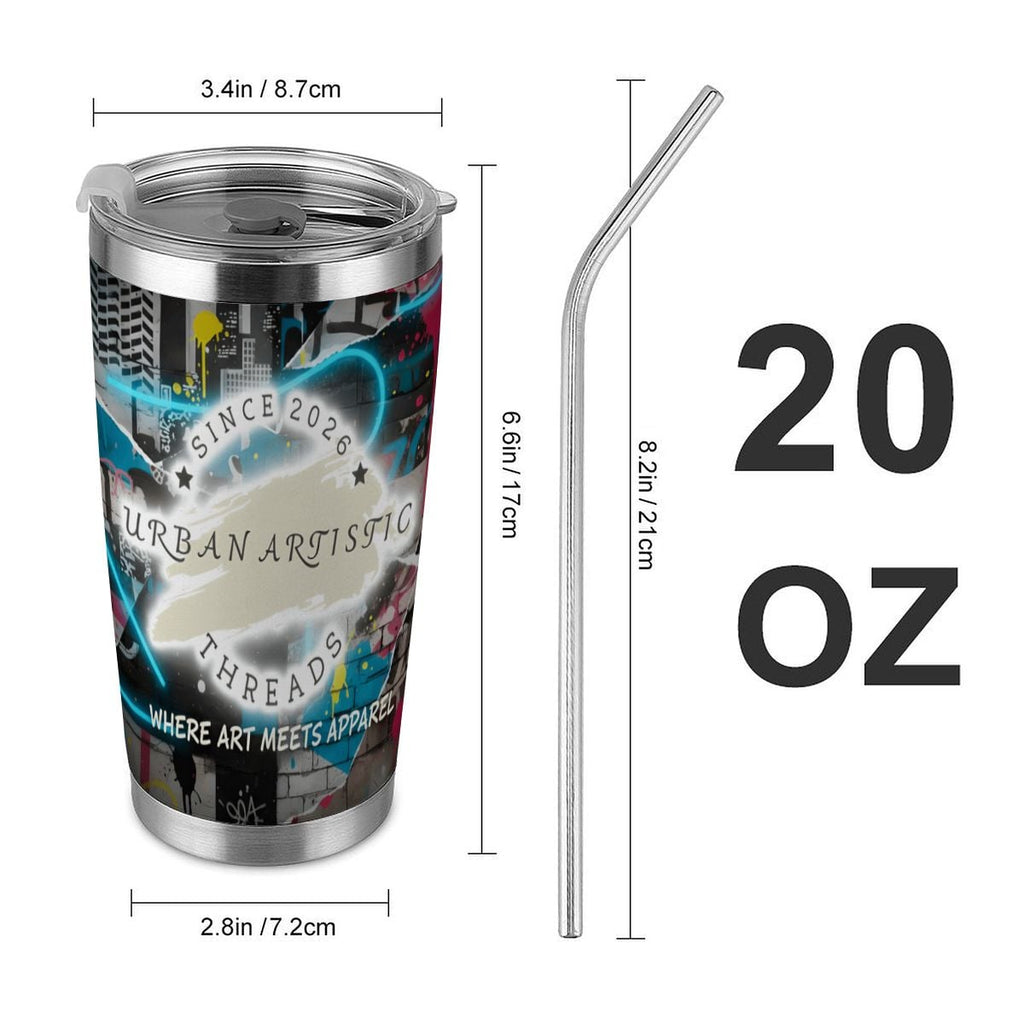 Urban Artistic Threads travel mug with graffiti art design, stainless lid, and metal straw.