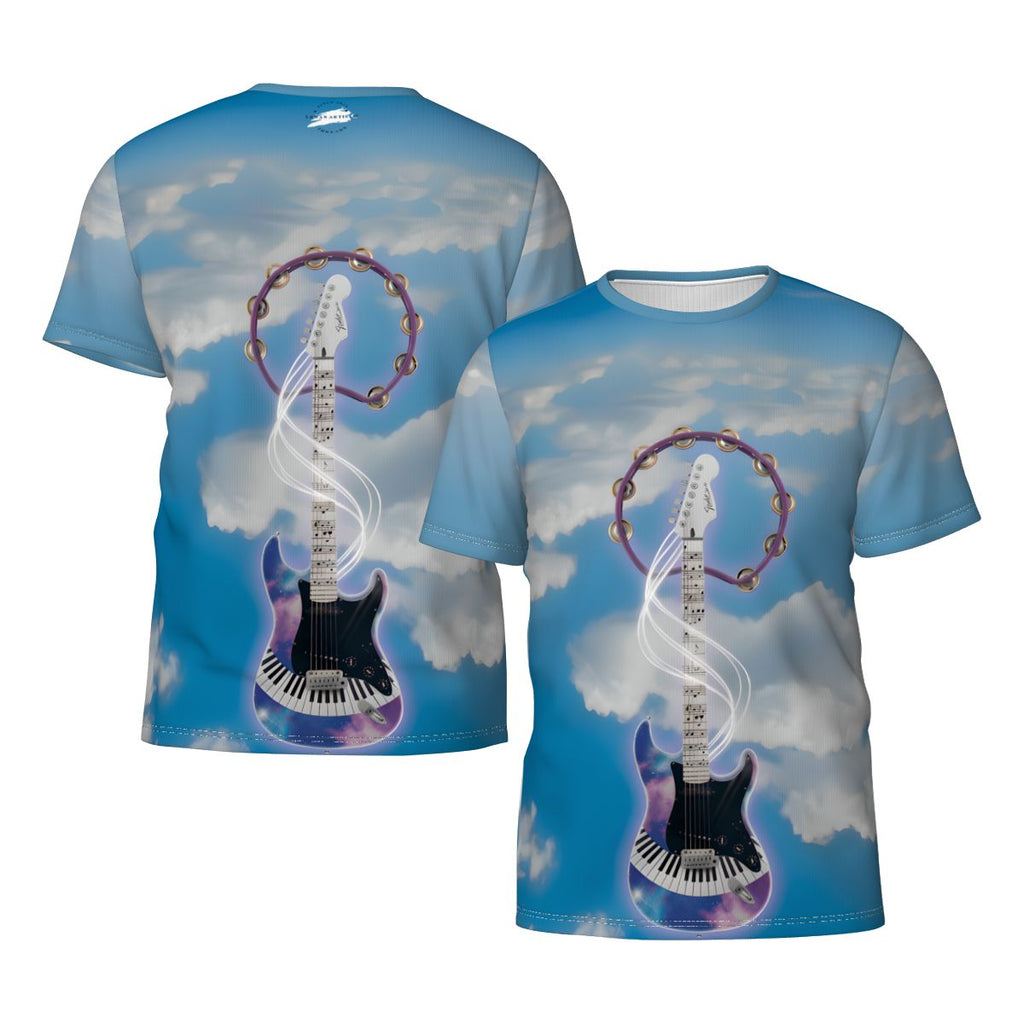 Fantasy Electric Guitar men's tee with all-over sublimation print featuring a colorful guitar against a blue sky.