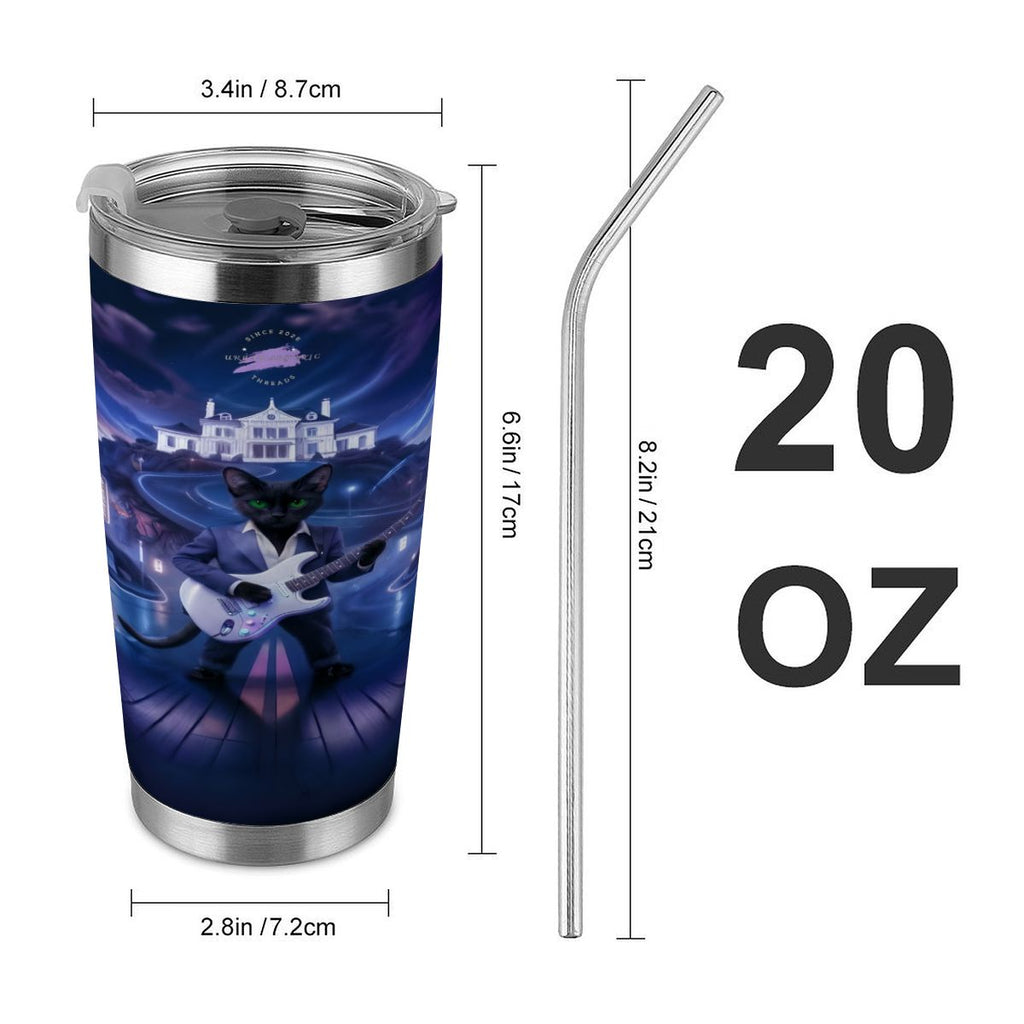 Midnight Rockstar Cat 20oz stainless steel travel tumbler with full-wrap guitar-playing cat graphic and metal straw