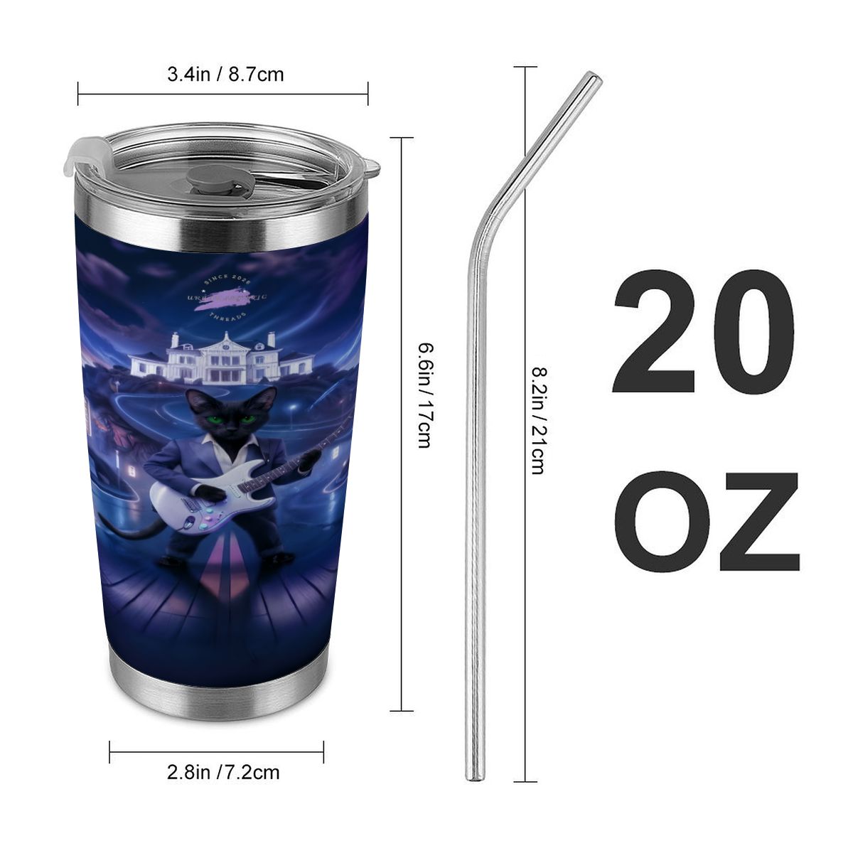 Midnight Rockstar Cat 20oz stainless steel travel tumbler with full-wrap guitar-playing cat graphic and metal straw