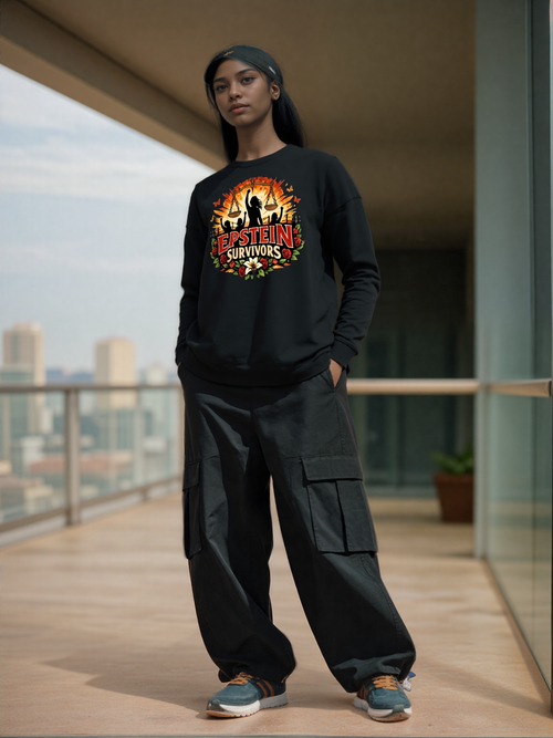 Model wearing Blooms Of Resilience Epstein Survivor Graphic Long Sleeve Shirt with a vibrant floral emblem.