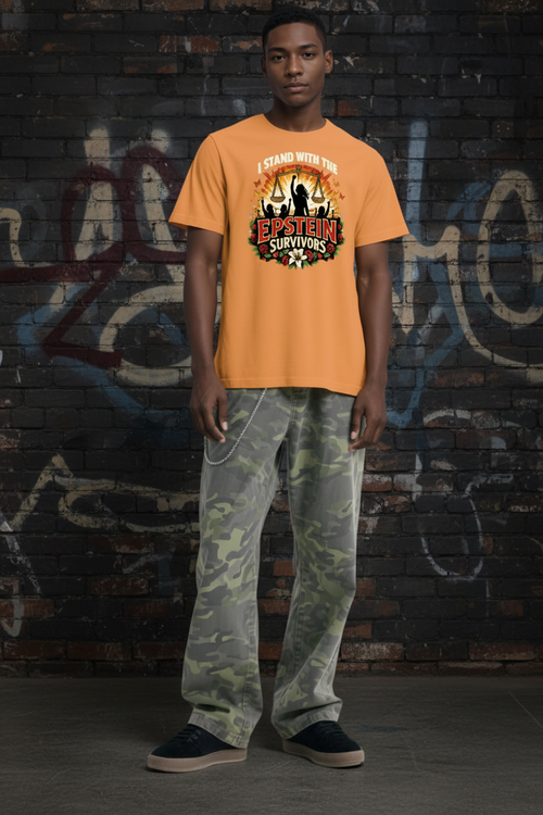 Male model wearing orange Blooms Of Resilience Epstein Survivor unisex short-sleeve graphic tee with floral accents.