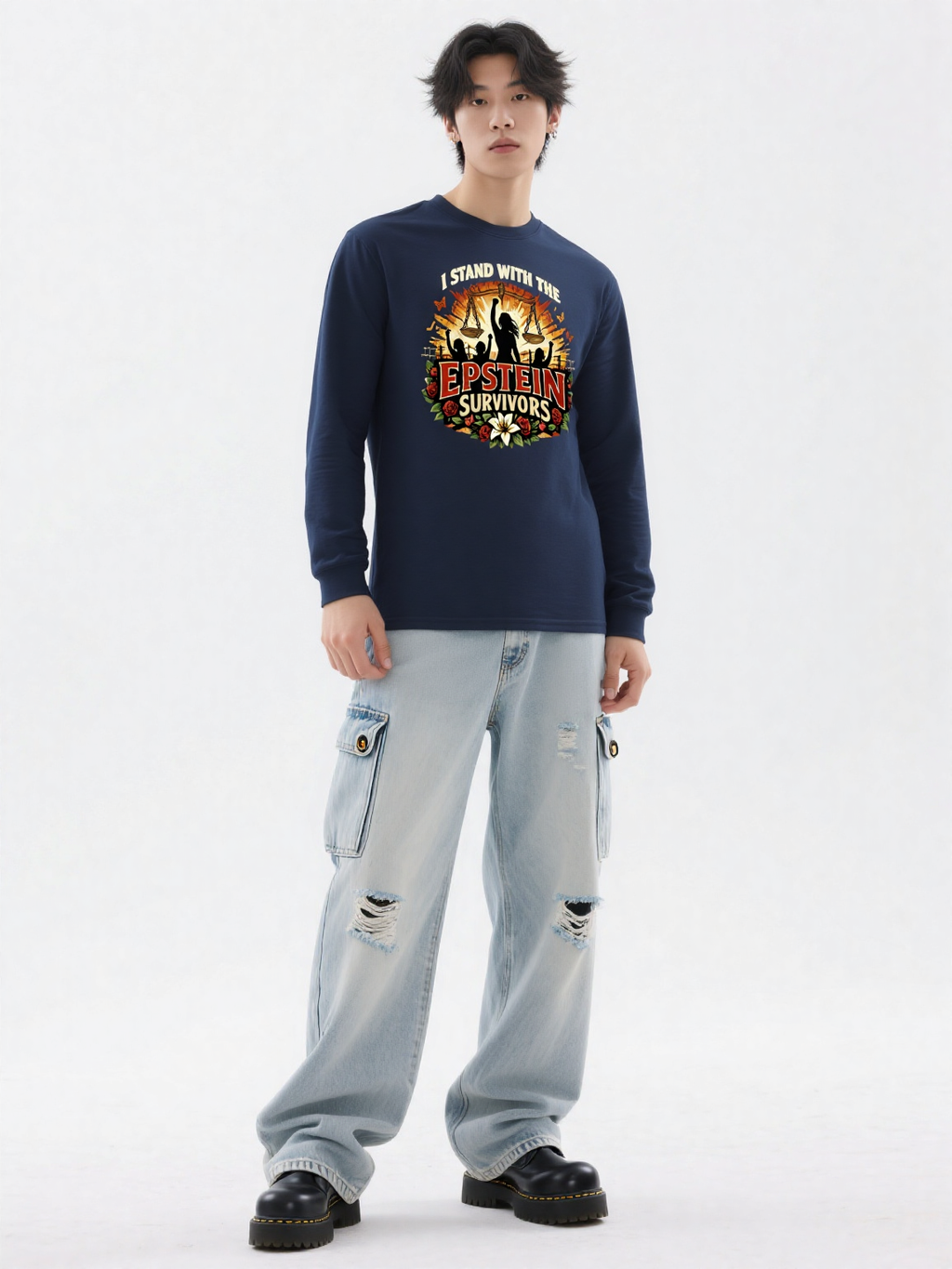Navy long-sleeve shirt featuring Blooms Of Resilience Epstein Survivors graphic with flowers and survivor message.
