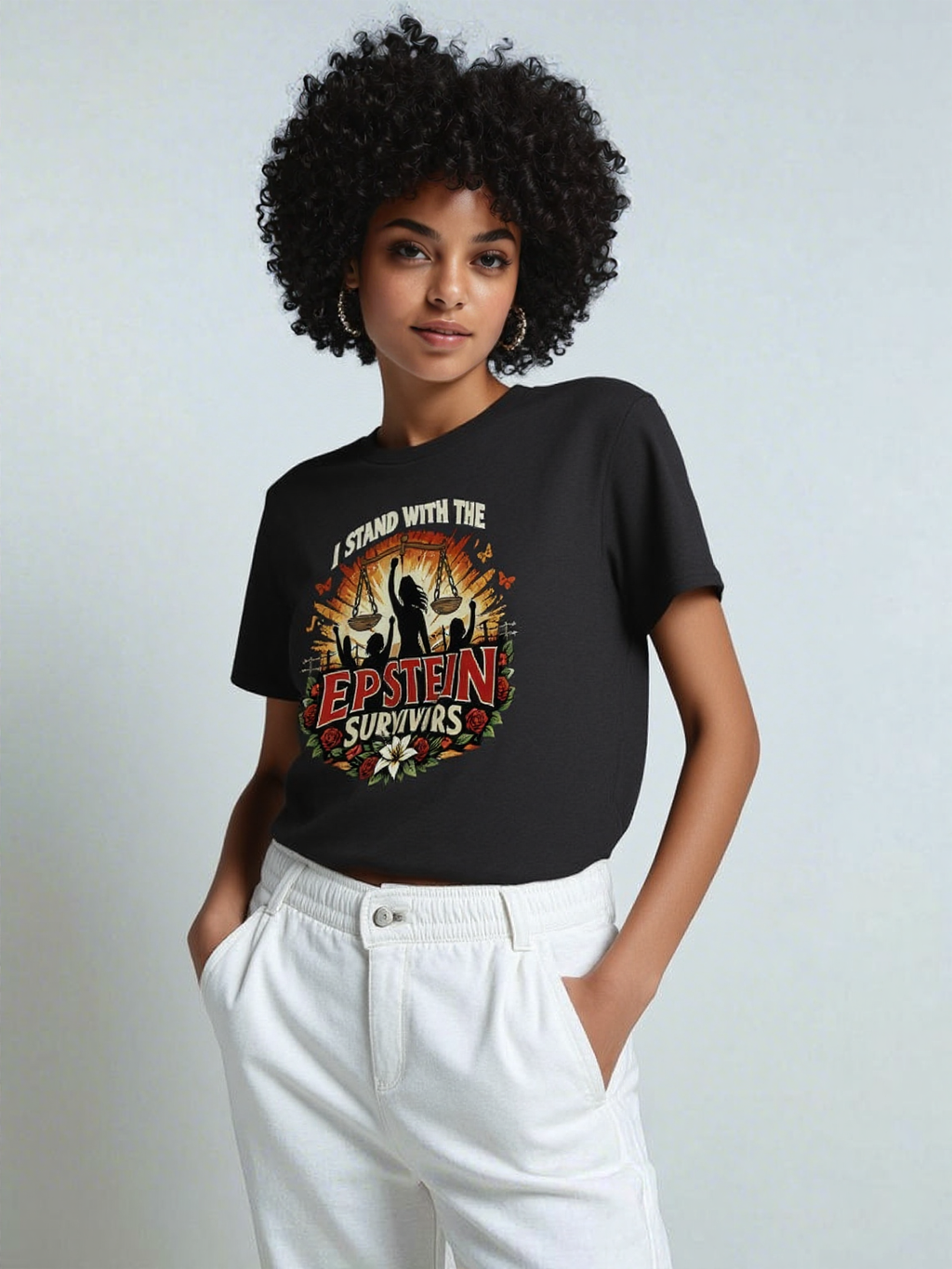 Blooms Of Resilience Epstein Survivor graphic tee featuring a floral crest and survivor message.