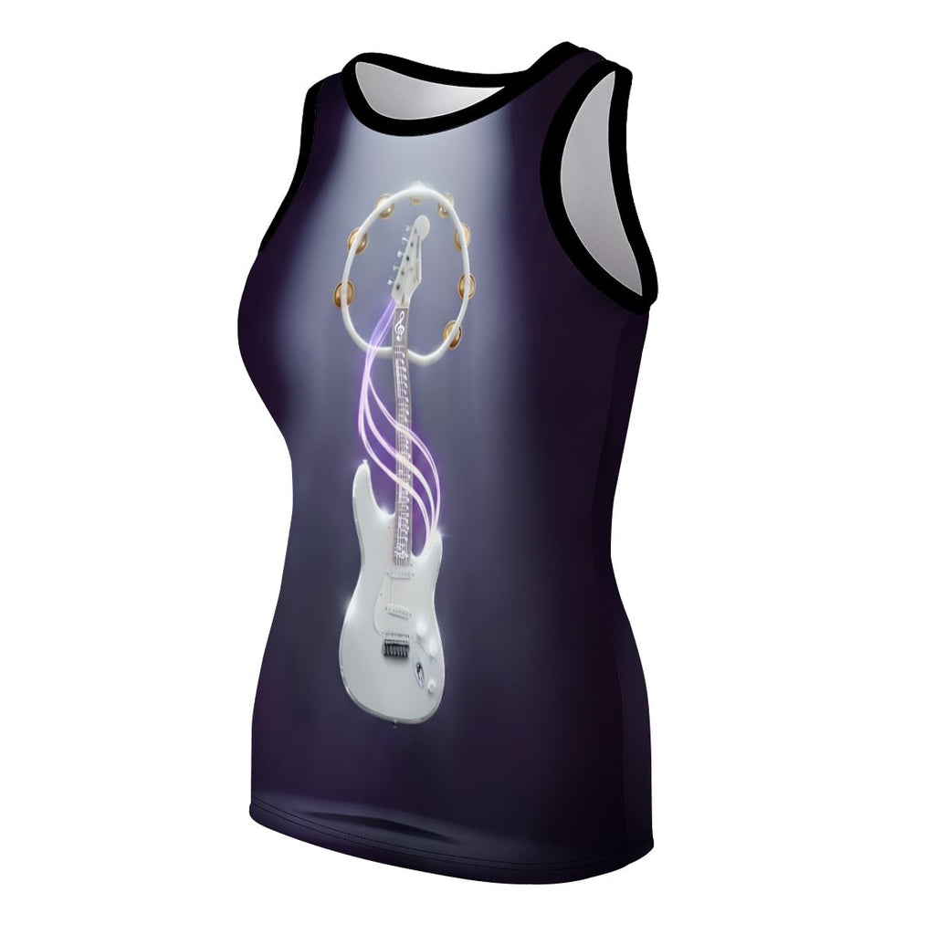 Women's Vibe Master All-Over Print Tank Top with a white electric guitar and neon ribbons on a purple gradient.