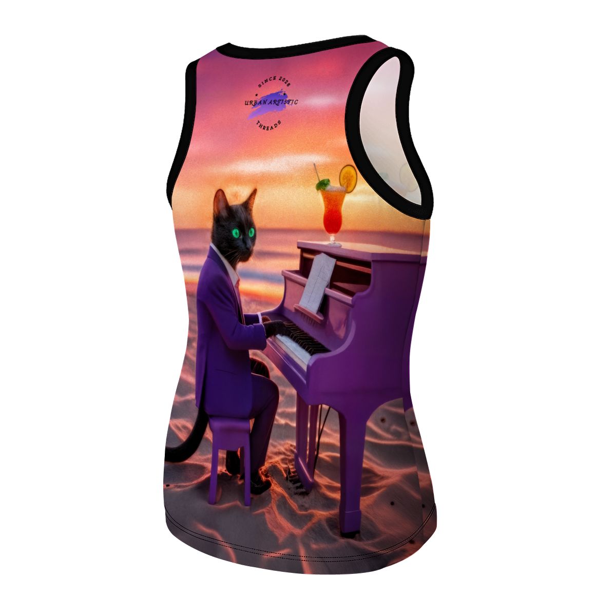 Black cat in a purple tailored suit plays a beachside piano at sunset on a women's tank top.