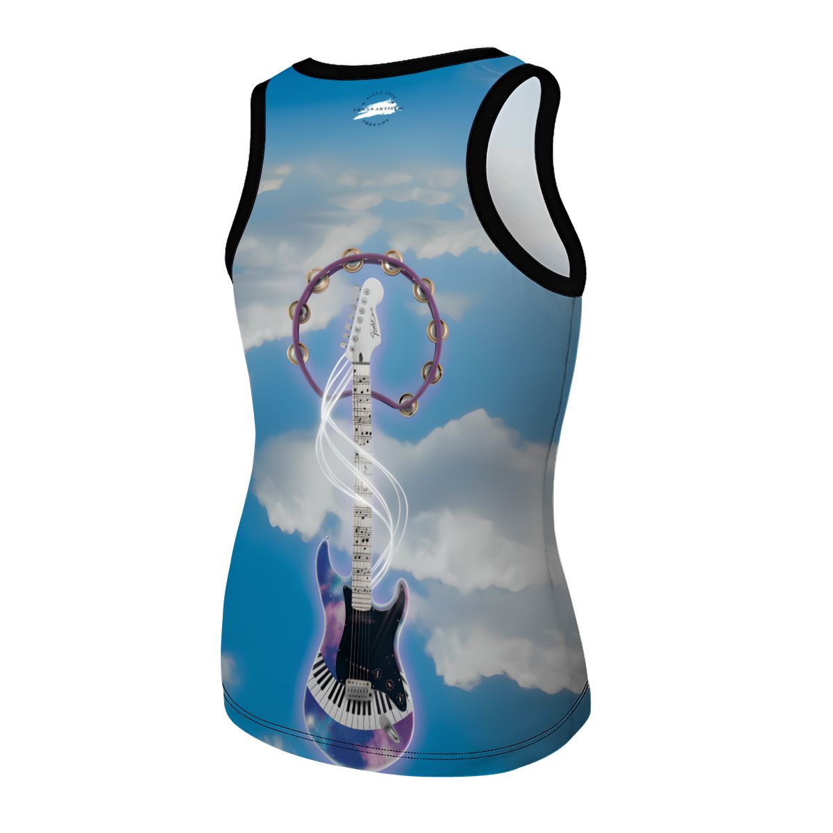 Women's Fantasy Electric Guitar all-over print tank top with surreal blue-sky dreamscape and guitar-piano fusion.
