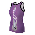 Purple women's all-over print tank top featuring a neon-lit electric guitar and cosmic glow design.