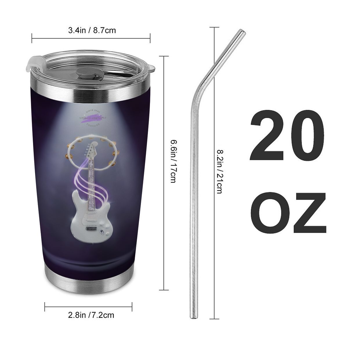 Vibe Master 20oz stainless travel tumbler with full-wrap guitar graphic; includes stainless straw.