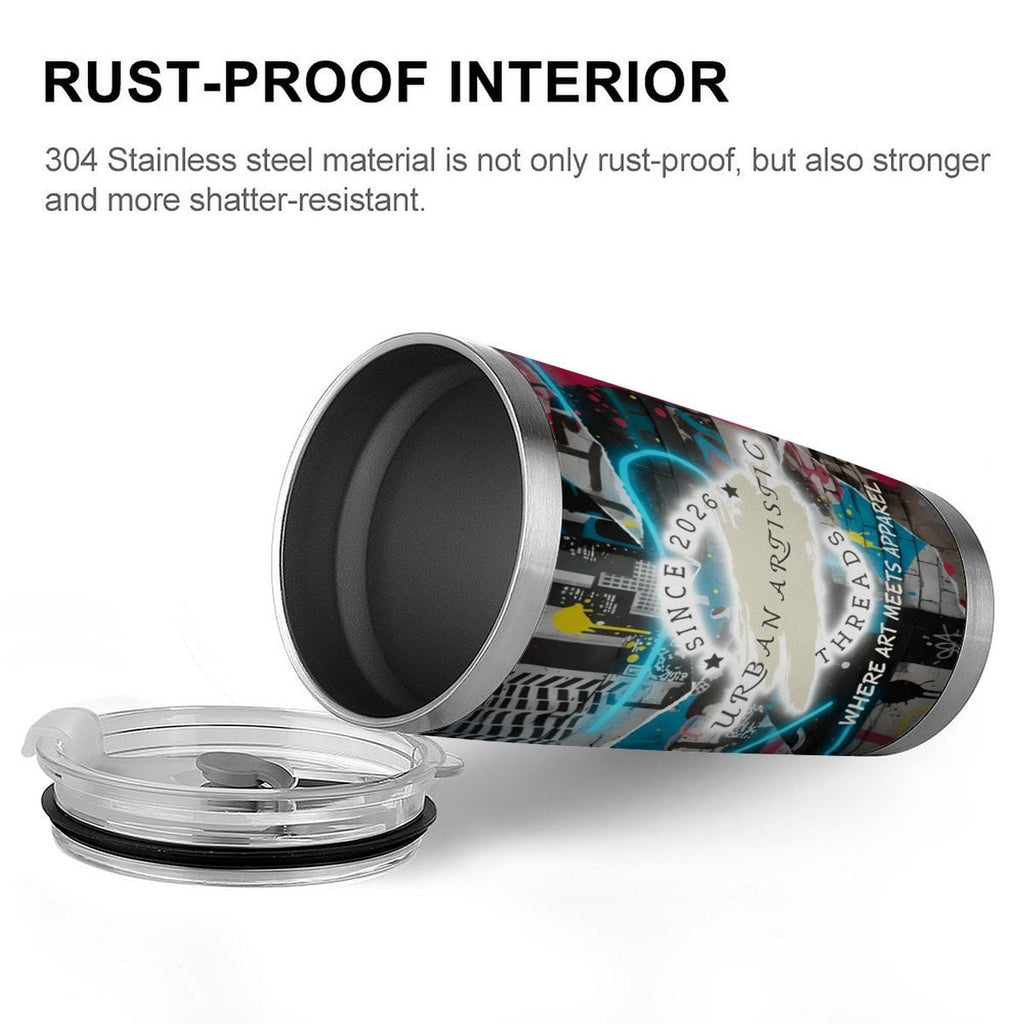 Urban Artistic Threads: Where Art Meets Apparel Travel Mug featuring a vibrant urban collage wrap and clear lid.