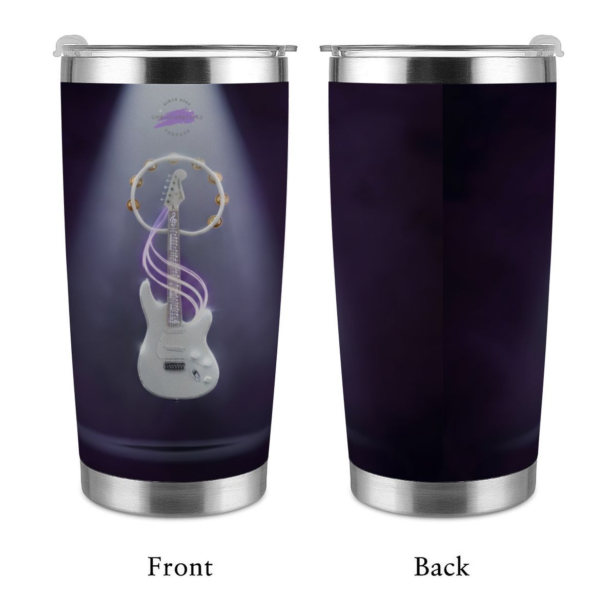 Front and back views: Vibe Master 20oz stainless steel travel tumbler with full-wrap guitar graphic on purple backdrop.