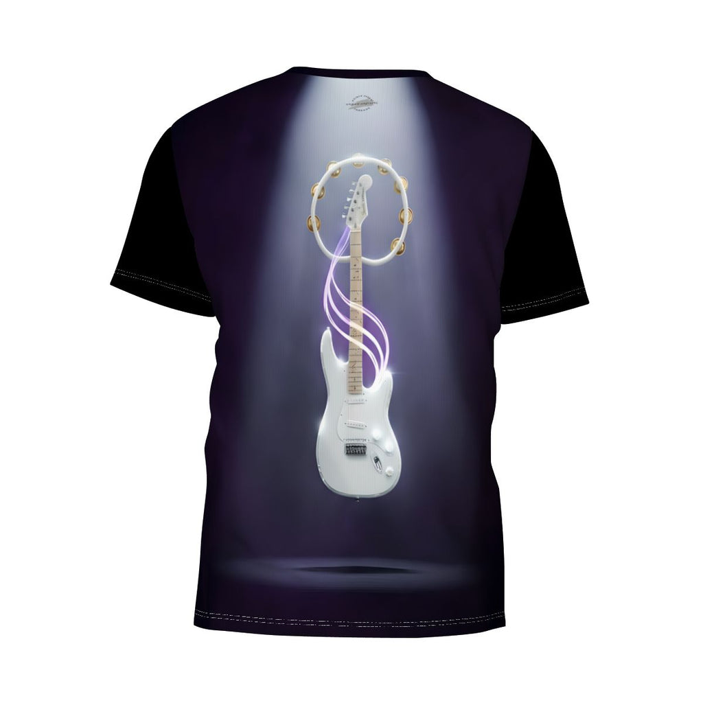 Vibe Master graphic tee: glowing white electric guitar with neon ribbons, ring of tambourines under spotlight.