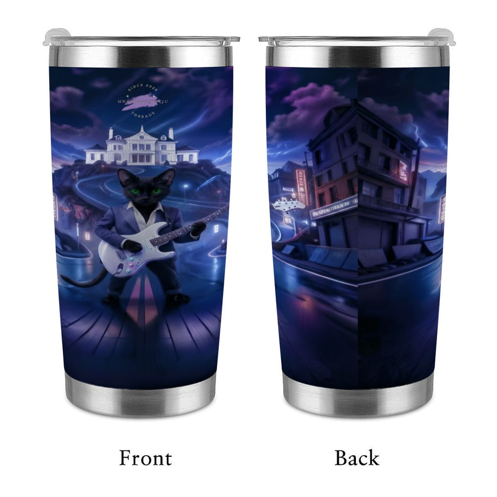 Midnight Rockstar Cat 20oz stainless travel tumbler with full-wrap neon city design, black cat guitarist on front.