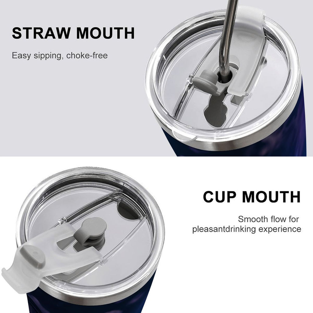 Midnight Rockstar Cat 20oz stainless steel travel tumbler with straw-mouth lid and full-wrap graphic.