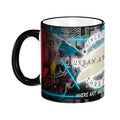 Urban Artistic Threads Streetscape graffiti typography mug with neon blue accents and urban collage.