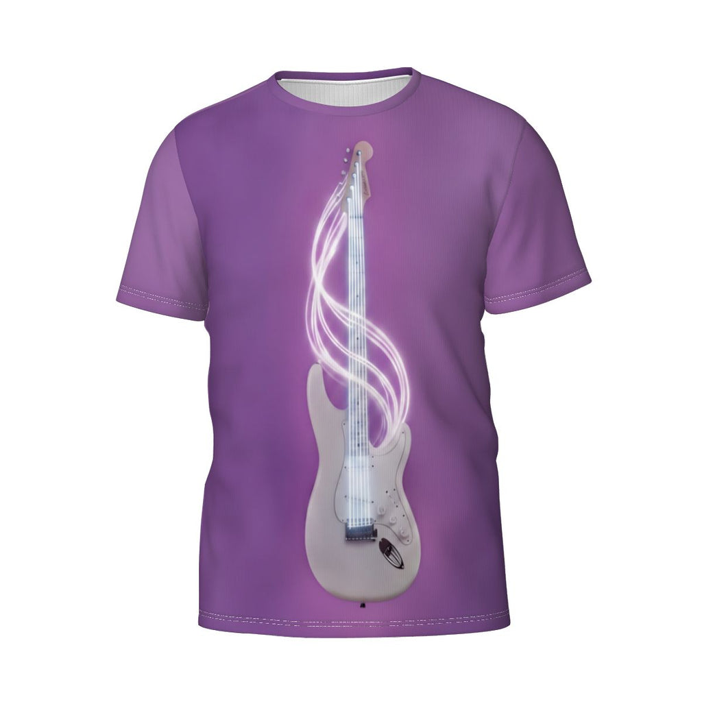 Urban Artistic Cosmic Rockstar Tee featuring a white electric guitar with neon cosmic soundwaves on purple fabric.