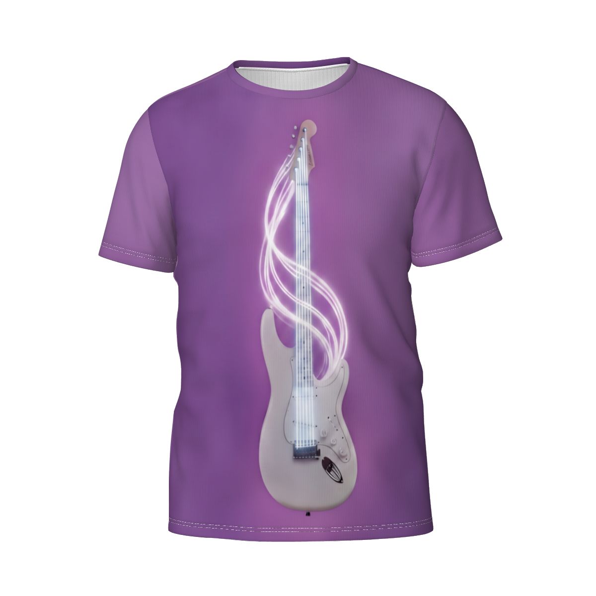 Urban Artistic Cosmic Rockstar Tee featuring a white electric guitar with neon cosmic soundwaves on purple fabric.