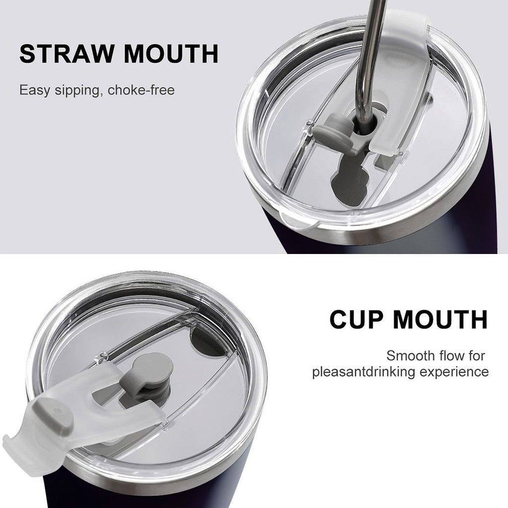 Vibe Master 20oz stainless steel travel tumbler with full-wrap graphic, straw-mouth and cup-mouth lid design.