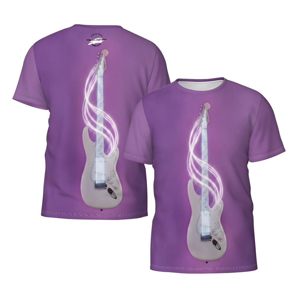 Urban Artistic Cosmic Rockstar Tee: two purple tees with neon-glow electric guitar and cosmic soundwaves.
