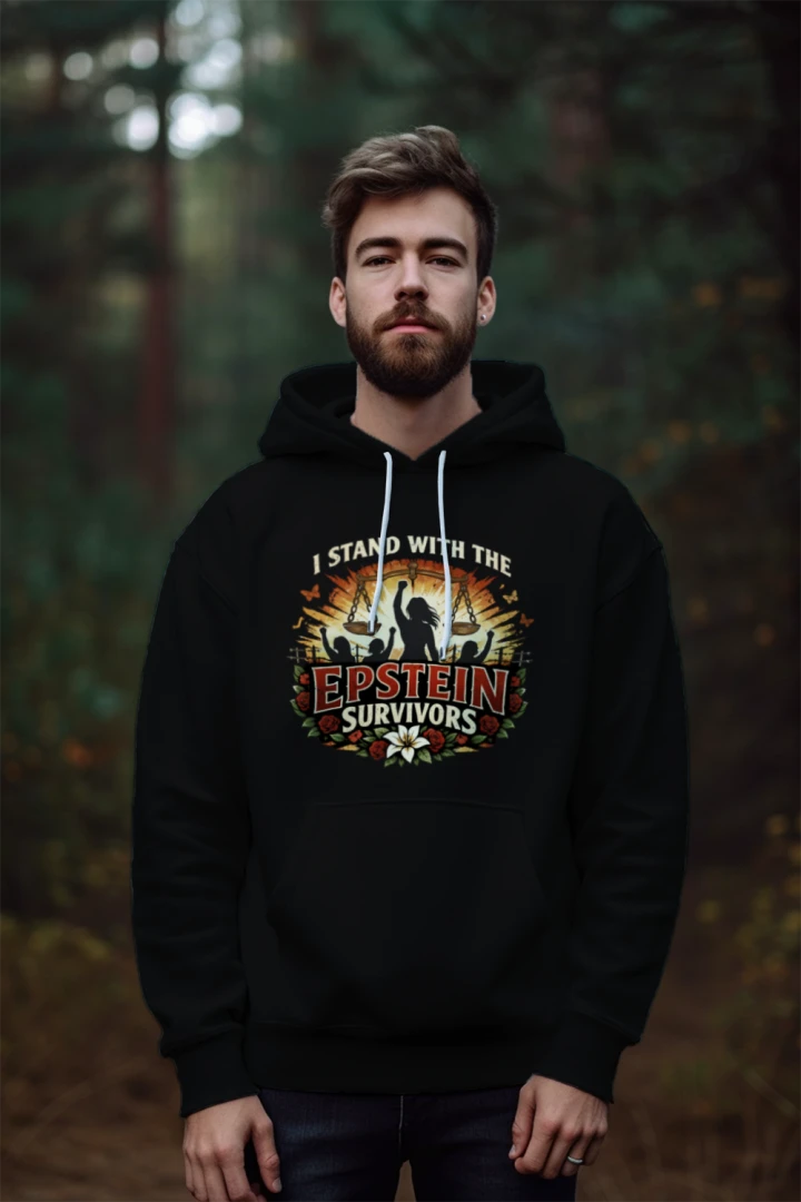 Man wearing Blooms Of Resilience Epstein Survivors Hoodie for healing and hope, featuring floral emblem.