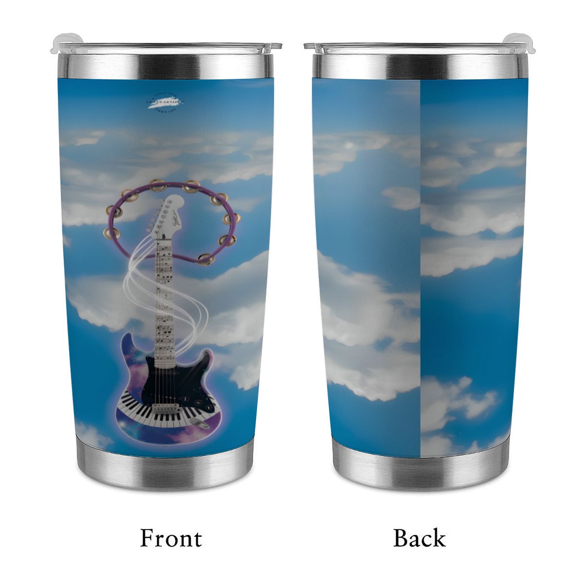 Fantasy Electric Guitar 20oz stainless steel travel tumbler with full-wrap guitar in blue sky and clouds.