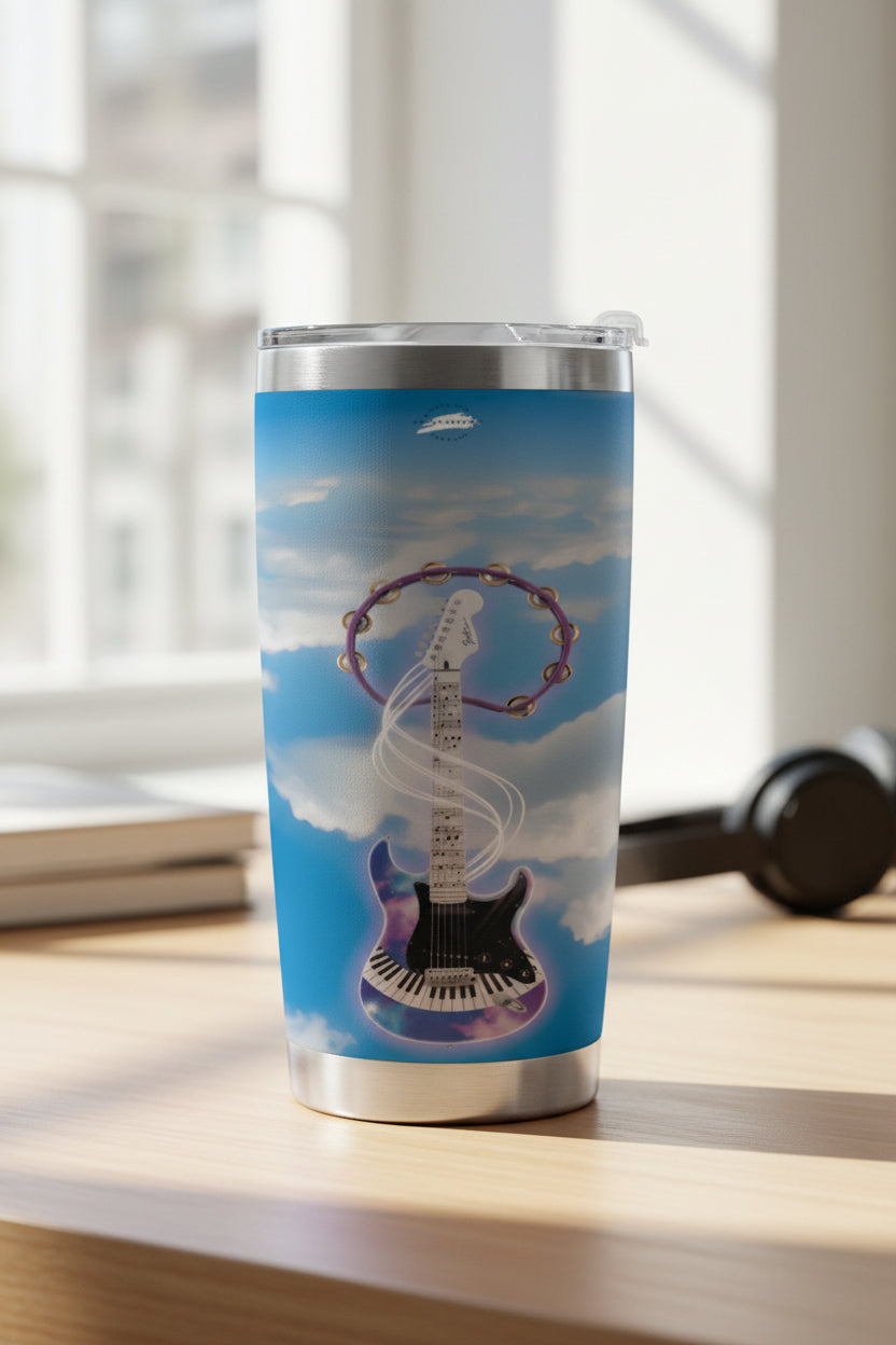 Fantasy Electric Guitar 20oz stainless steel travel tumbler with full-wrap electric guitar graphic on blue-sky scene.