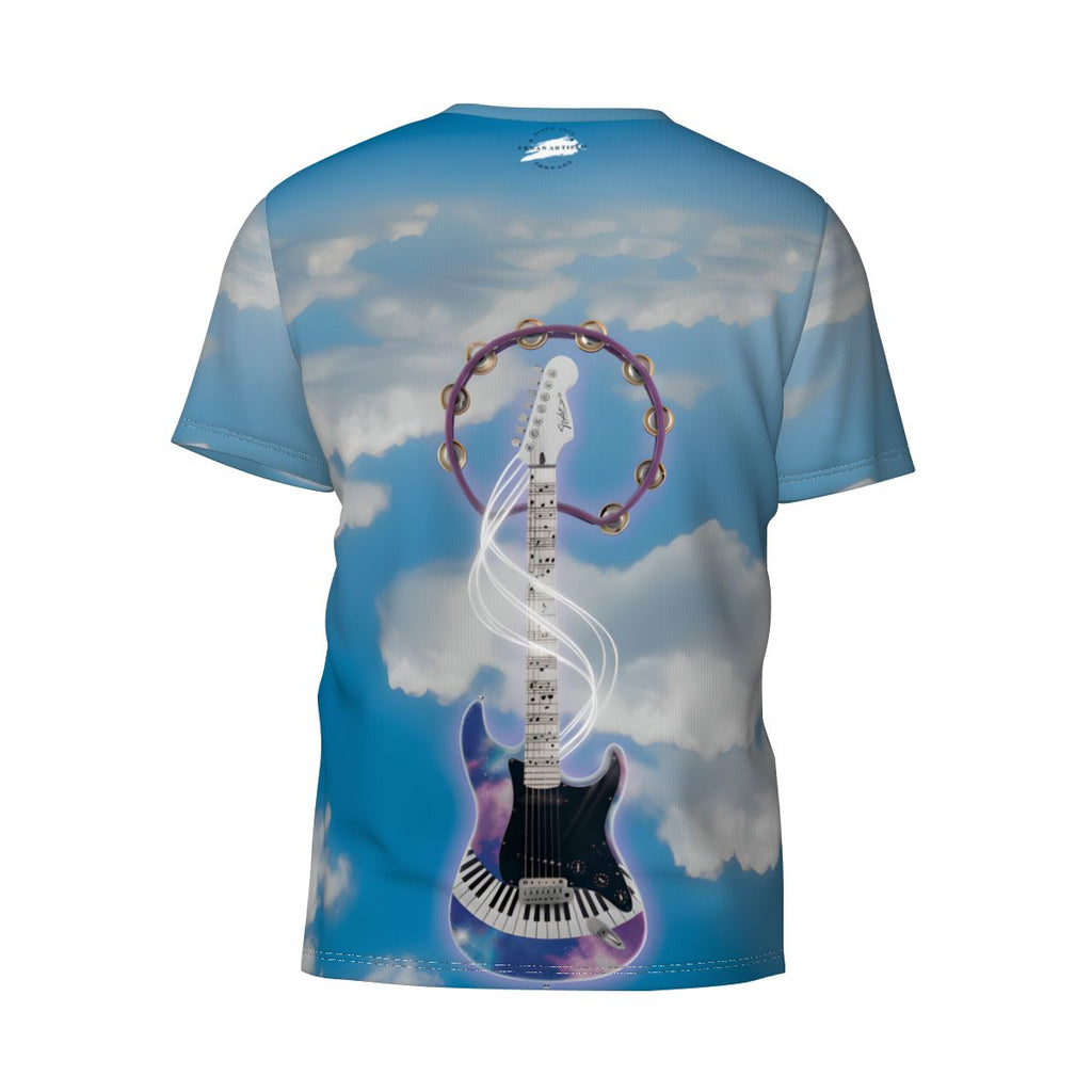 Sky-blue all-over print T-shirt featuring a fantasy electric guitar with a cloud backdrop and swirling energy.