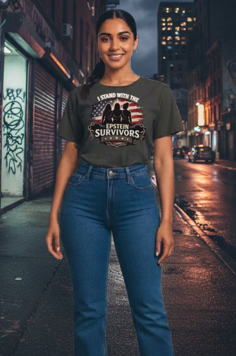 Olive tee with I Stand with the Epstein Survivors graphic and American flag design.