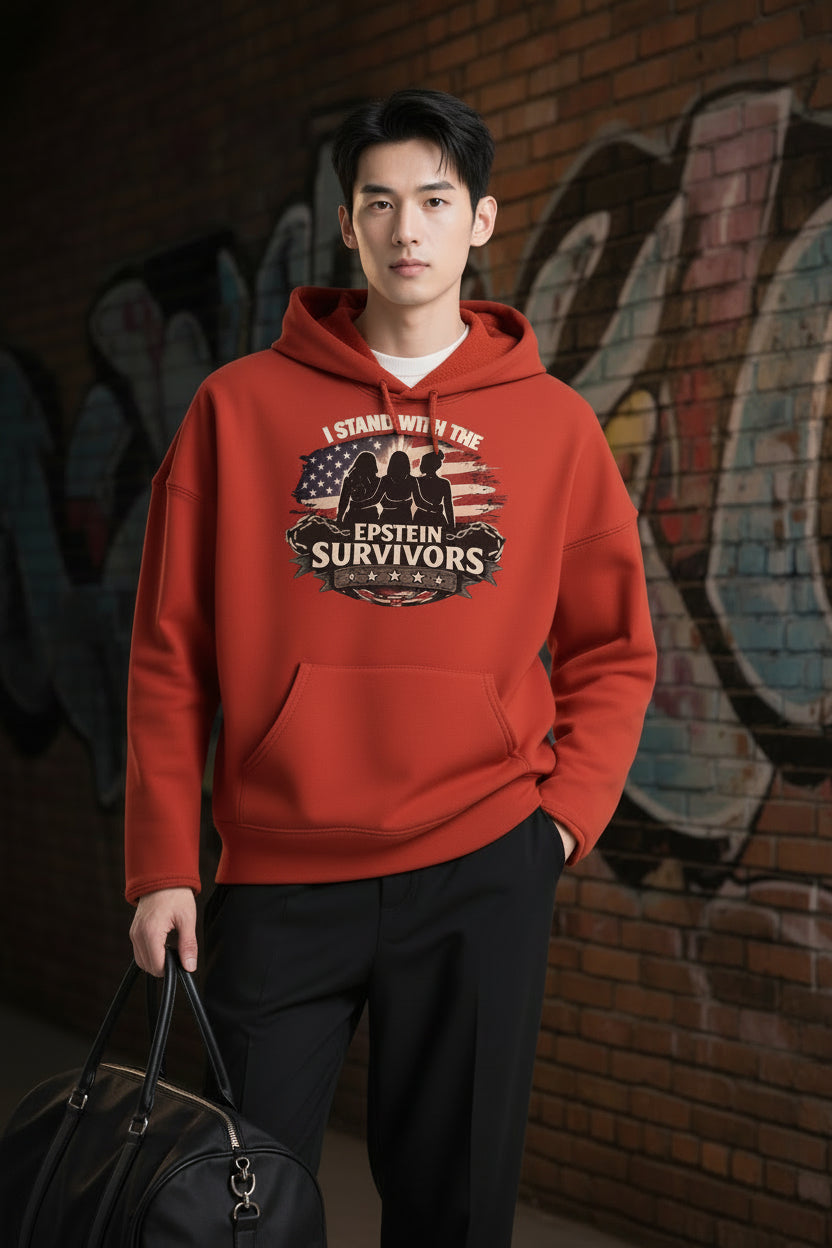 Unisex red sponge fleece pullover hoodie featuring patriotic 'I Stand With Epstein Survivors' graphic.