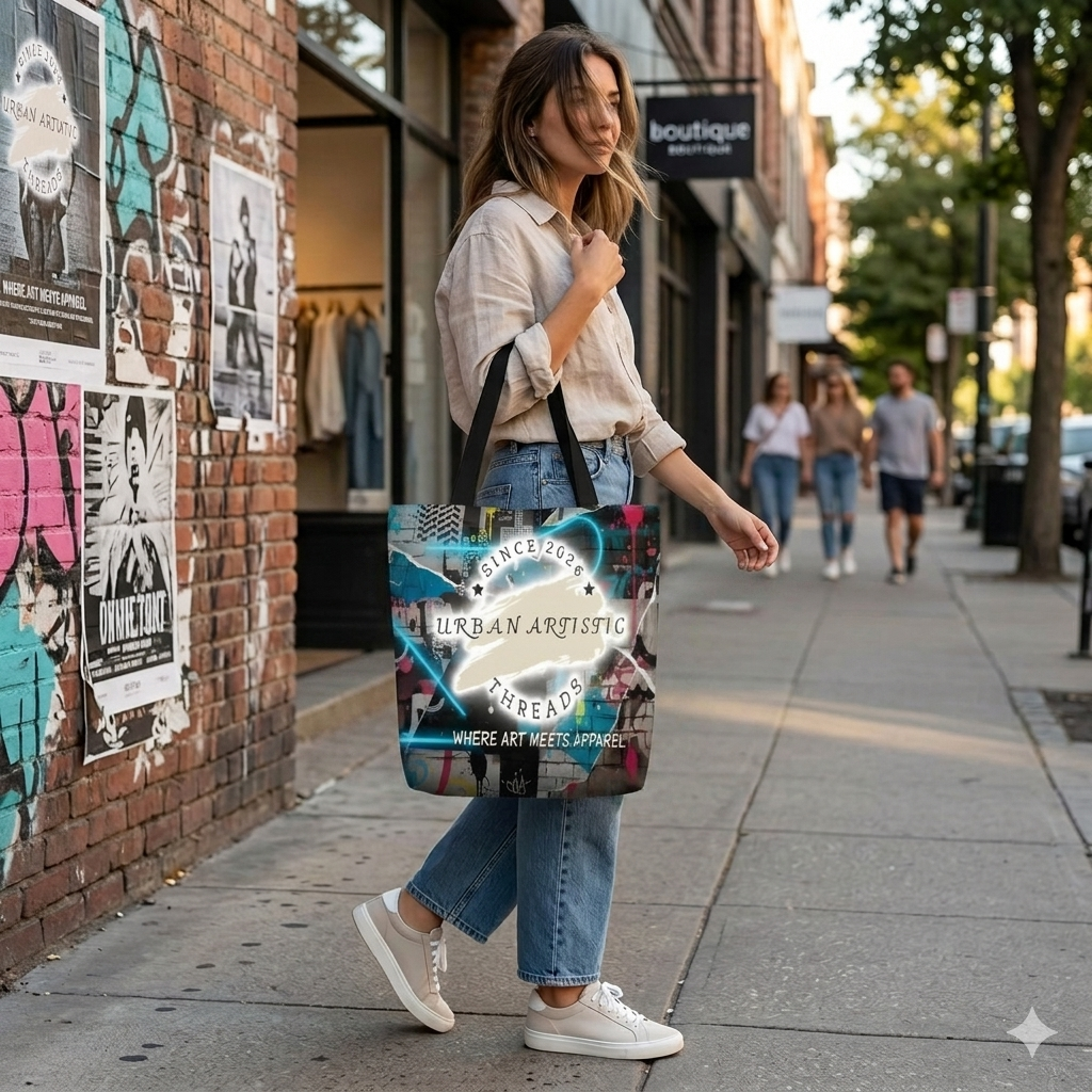 Urban Artistic Graffiti Wall Oversized Tote carried by a woman on a city sidewalk.
