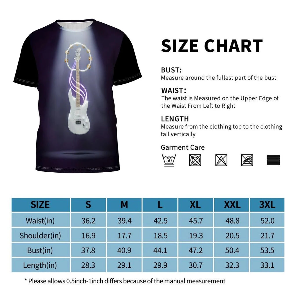 Vibe Master music graphic shirt featuring a glowing white electric guitar and neon ribbons on a dark stage.