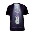 Vibe Master music graphic tee featuring a white electric guitar with neon purple light trails and a circular halo.