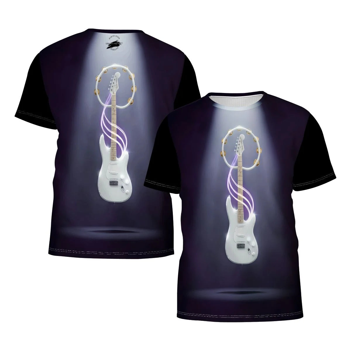 Vibe Master music graphic tees with a glowing white electric guitar wrapped in neon ribbons on a dark backdrop.
