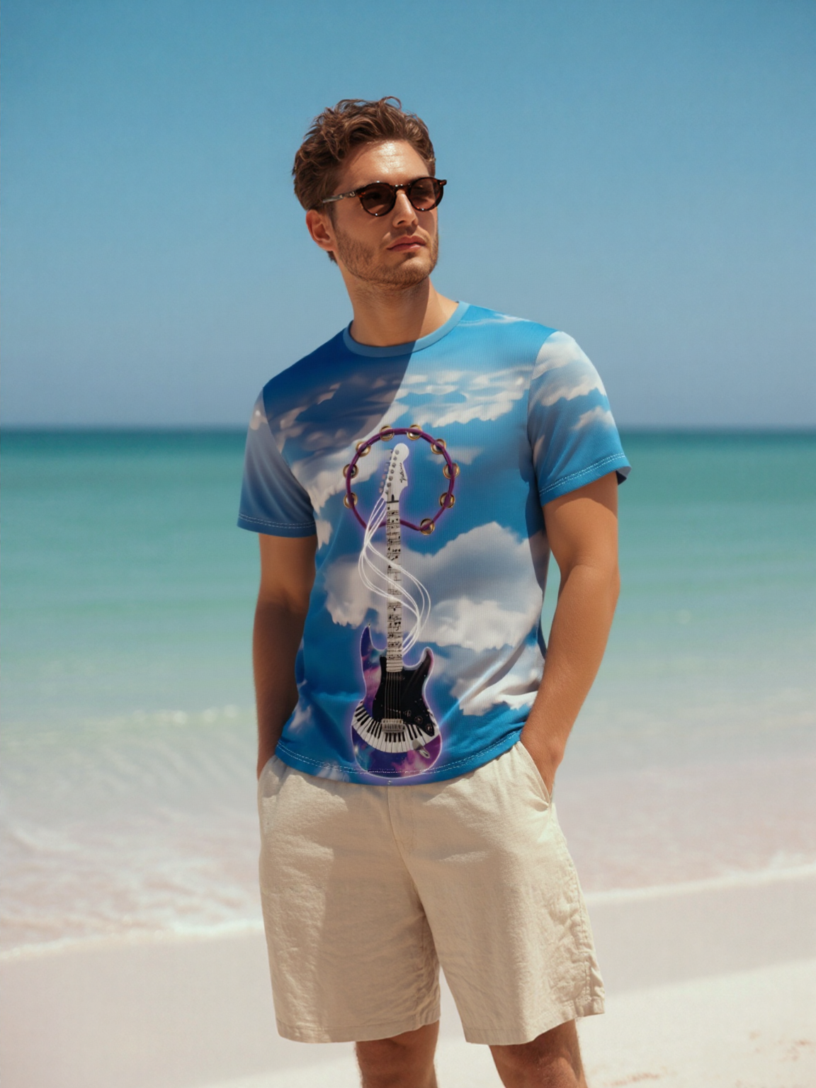 Fantasy Electric Guitar men's all-over sublimation print tee with guitar motif on a man at the beach under blue sky.