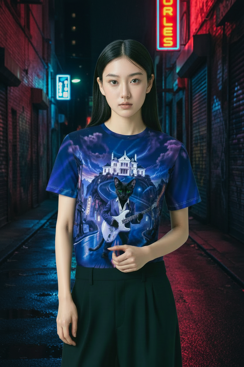 Midnight Rockstar Cat tee: black cat in suit shredding a white guitar amid neon dreamlike cityscape.