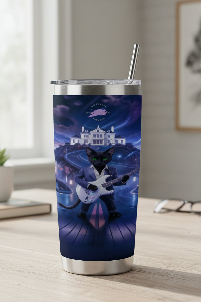 Stainless 20oz travel tumbler featuring Midnight Rockstar Cat: black cat in a suit playing guitar on neon blue stage.