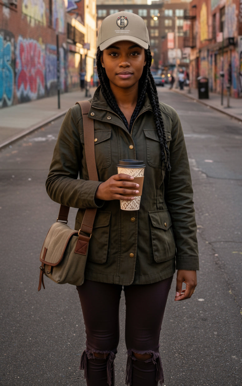 Person wearing Second Chances Matter Rehabilitation Advocacy cap on an urban street, holding a coffee.