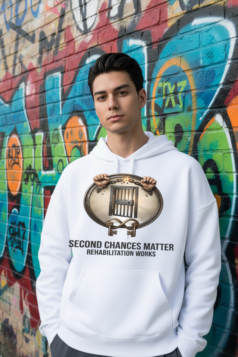 White hoodie with Second Chances Matter Rehabilitation Works graphic, worn by a man against graffiti wall.