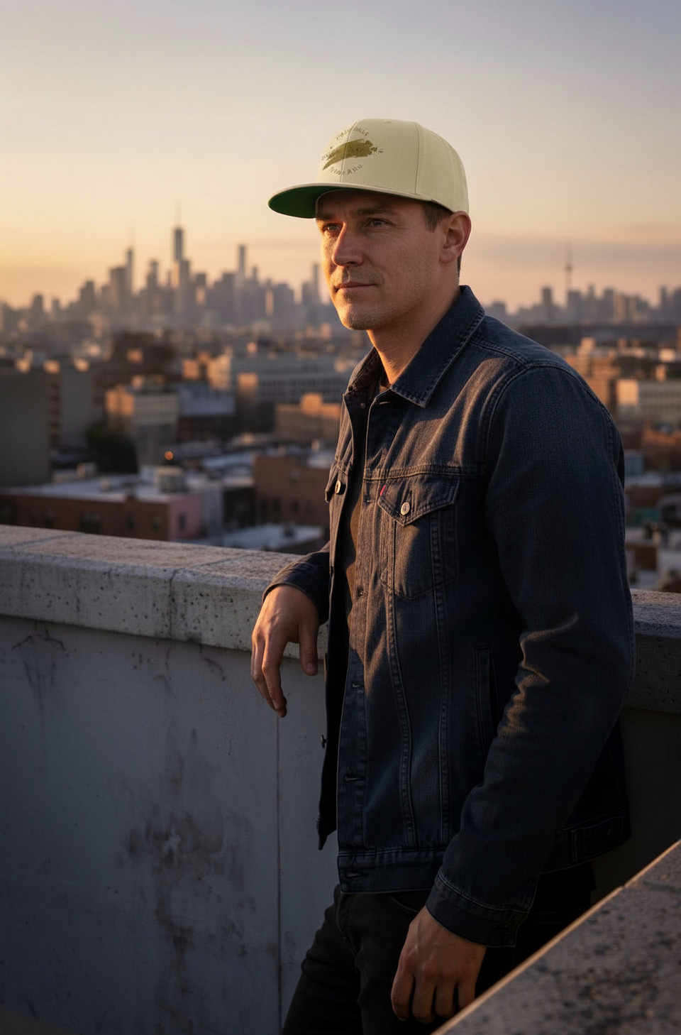 Man wears Urban Artistic Threads Premium Snapback Hat with front emblem on rooftop overlooking city at sunset.