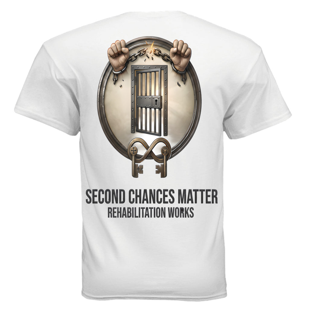 White cotton T-shirt with prison reform hands breaking chains around a jail door and Second Chances Matter text.