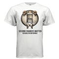 White cotton short-sleeve tee with circular prison reform emblem: chained hands, jail door, keys, and 'Second Chances Matter'.