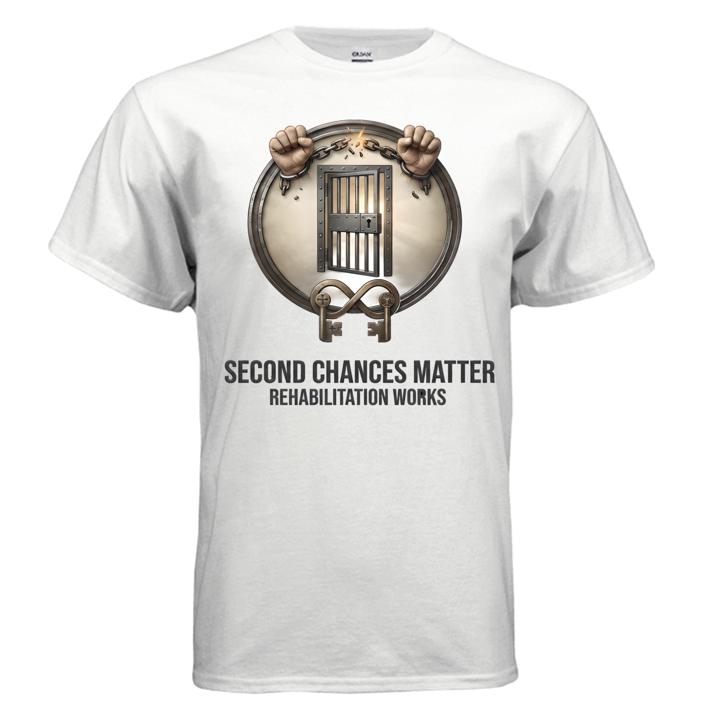 White cotton short-sleeve tee with circular prison reform emblem: chained hands, jail door, keys, and 'Second Chances Matter'.