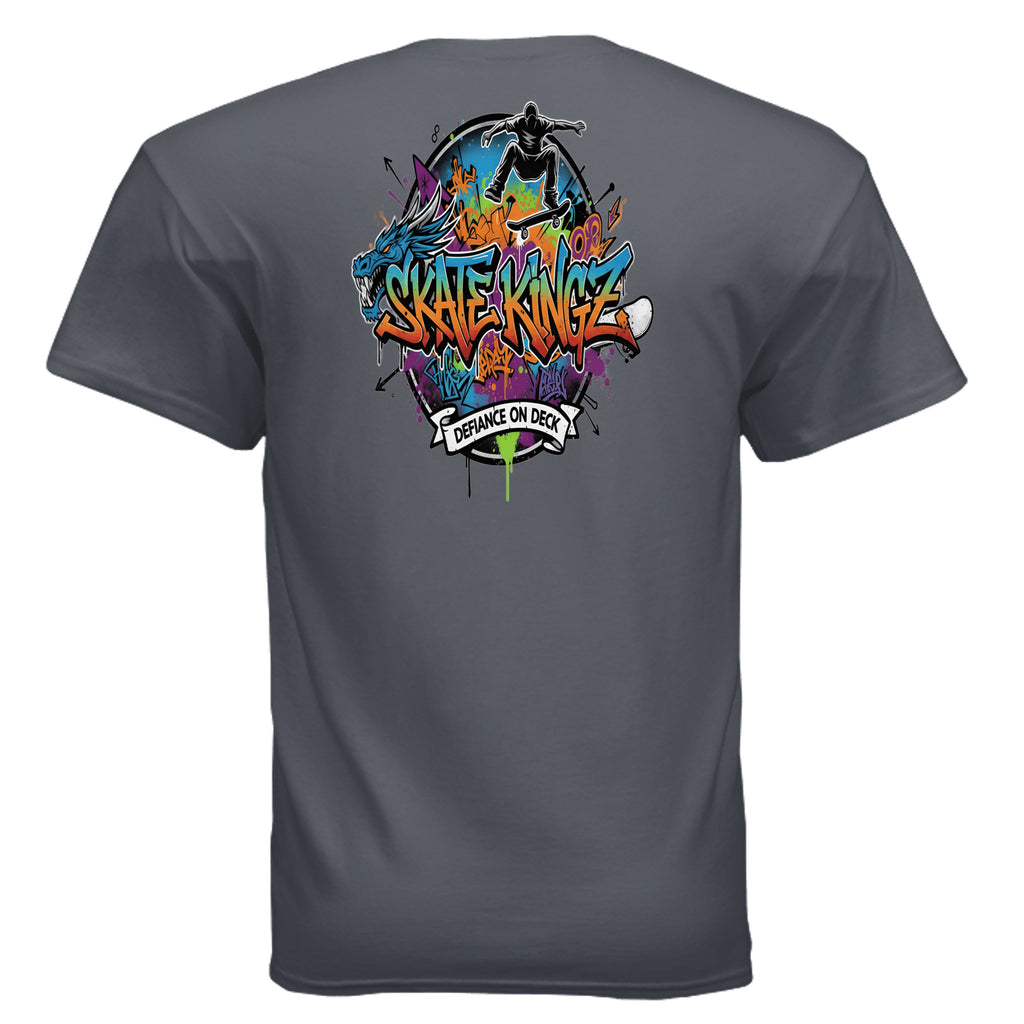 Skate kingz Defiance on Deck skateboard tee with bold graffiti art and a rider silhouette